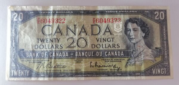 Canadá 1954 Billete 20 Dollars VF (Beattie-Rasminsky) Diseño Modificado