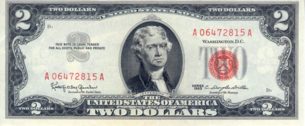 Estados Unidos USA 1963 Billete 2 Dollars UNC Red Seal (Sello rojo)