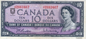 Canadá 1954 Billete 10 Dollars VF (Beattie-Rasminsky) Diseño Modificado