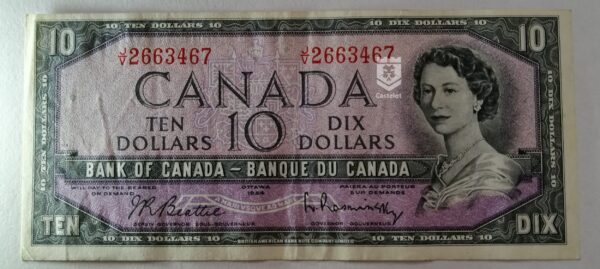 Canadá 1954 Billete 10 Dollars VF (Beattie-Rasminsky) Diseño Modificado