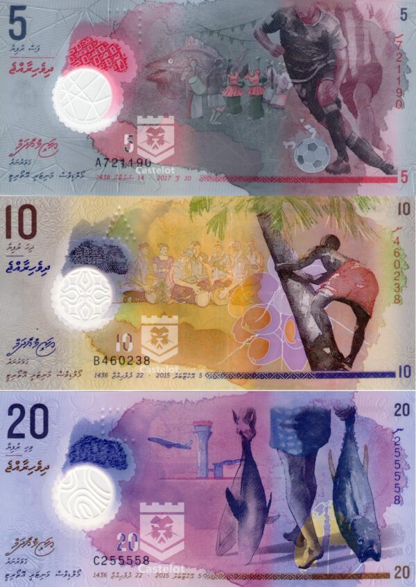 Maldivas 2015-2017 Set Billetes 5,10 y 20 Rufiyaa Polímero UNC