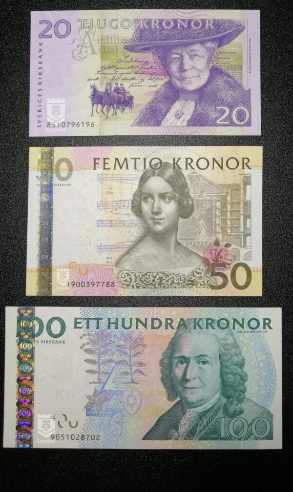 Suecia 2008-2011 Sveriges Bank Set Billetes 20 50 y 100 Kronor (Coronas) UNC