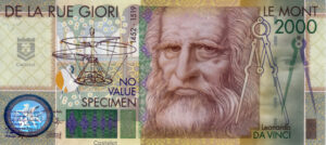 De La Rue Giori 2005 Billete SPECIMEN Test Note Leonardo Da Vinci UNC