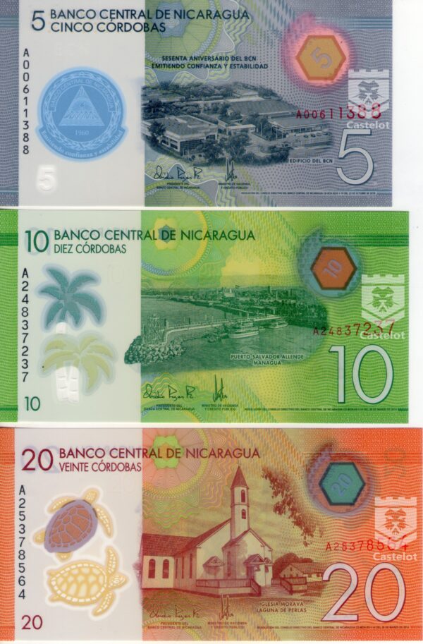 Nicaragua 2015-2020 Set Billetes 5,10, 20 Córdobas Polímero UNC