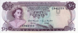 Bahamas 1968 Billete $50 Centavos de Dólar aUNC / Estado 9,5+