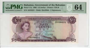 Bahamas 1965 Billete 50 Centavos PMG 64