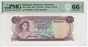 Bahamas 1968 Billete 50 Centavos PMG 66