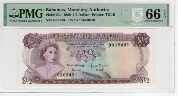 Bahamas 1968 Billete 50 Centavos PMG 66