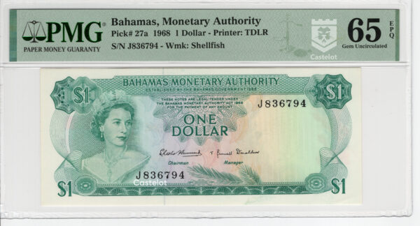 Bahamas 1968 Billete 1 Dólar PMG 65