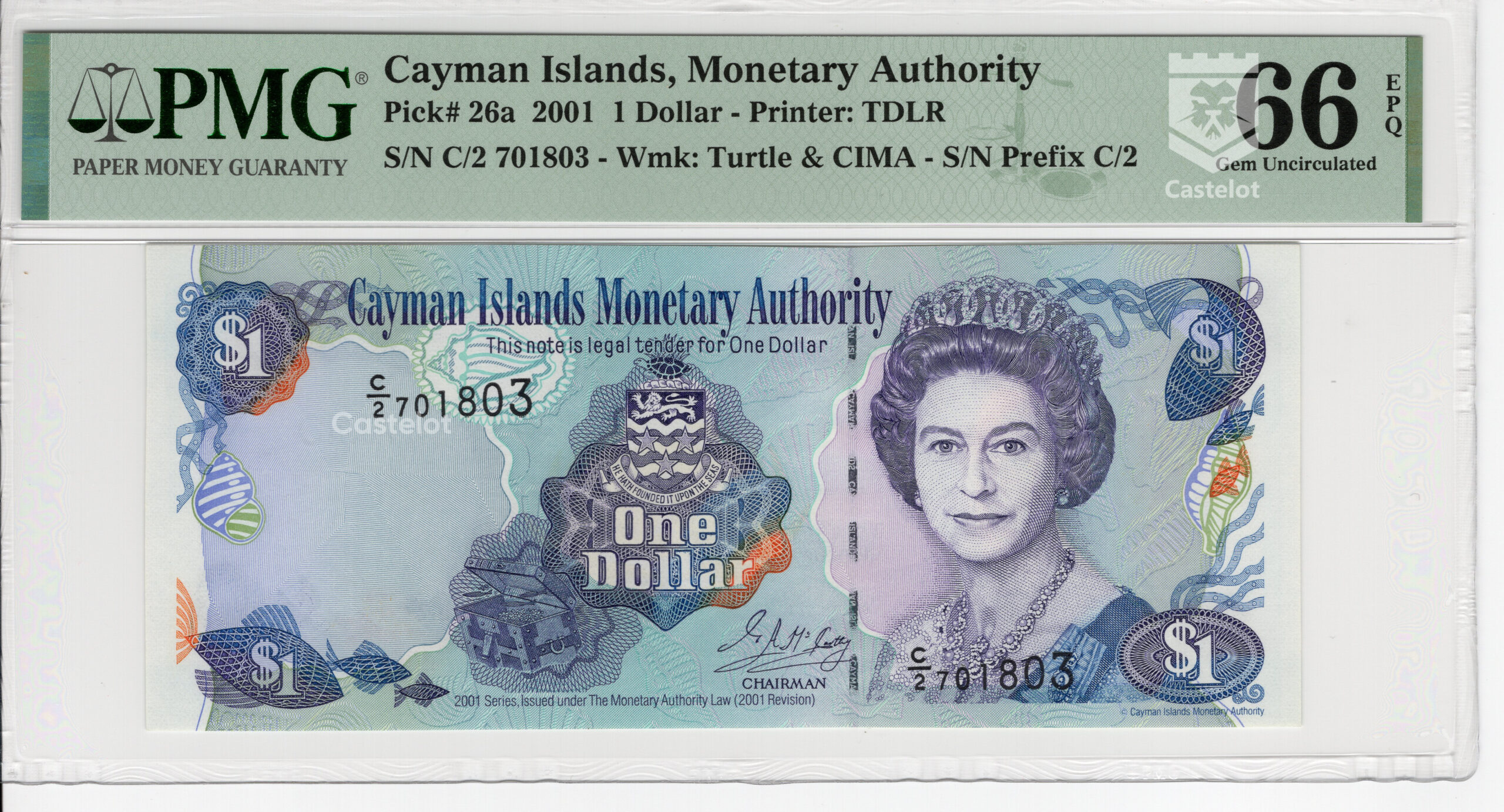 Islas Caimán 2001 Billete $1 Dólar PMG 66
