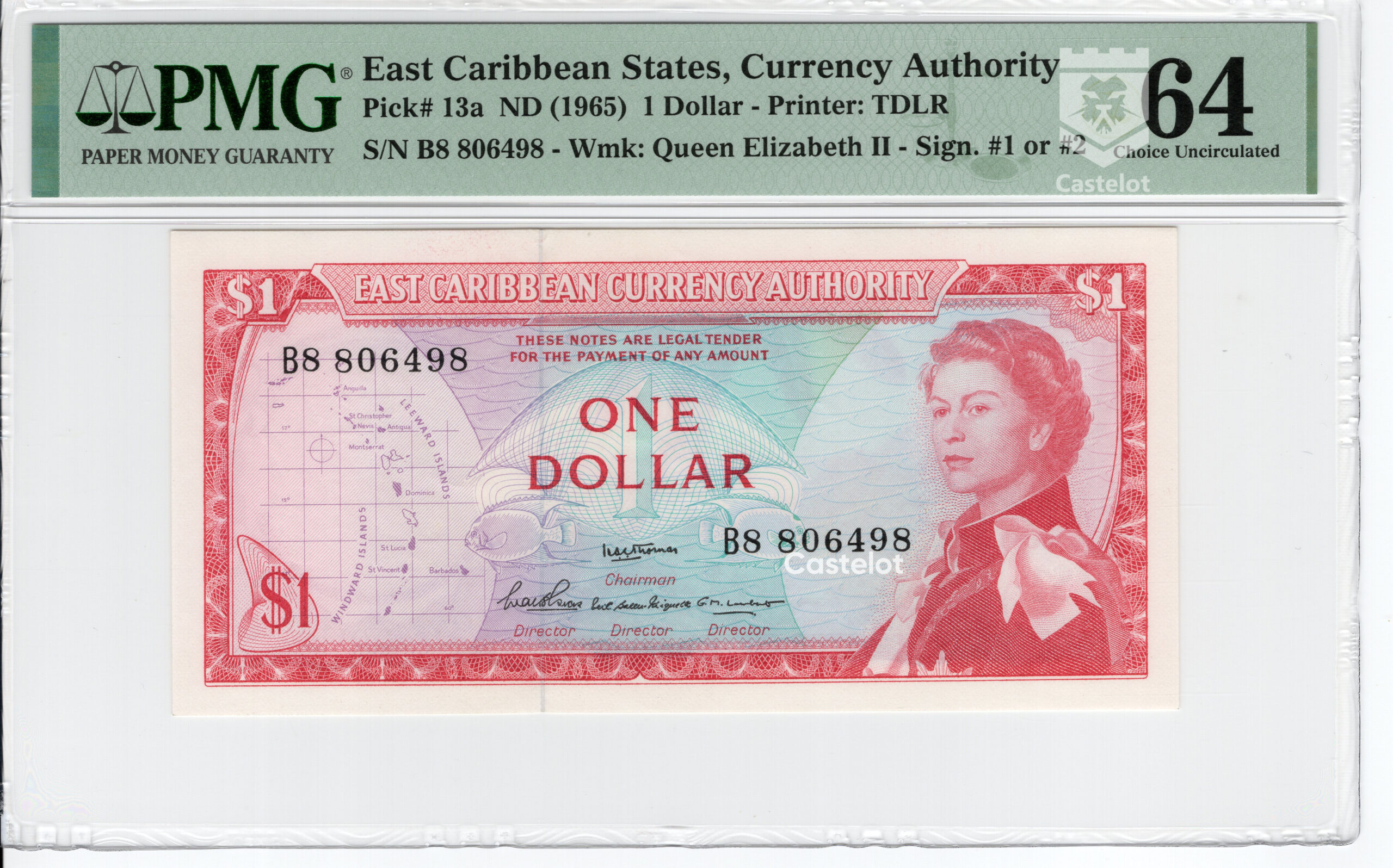 East Caribbean 1965 Billete 1 Dólar PMG 64