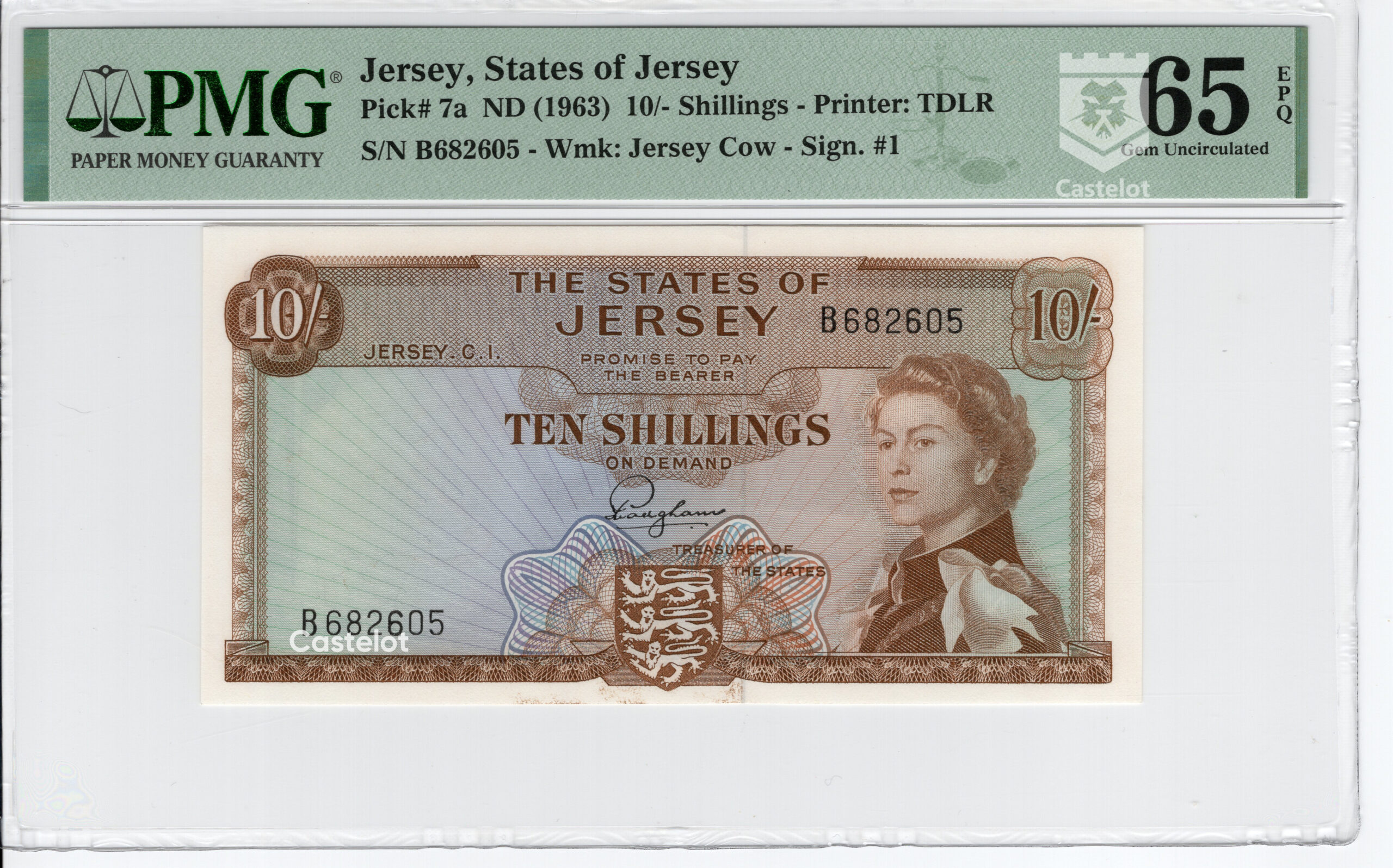 Jersey 1963 Billete 10 Shillings PMG 65