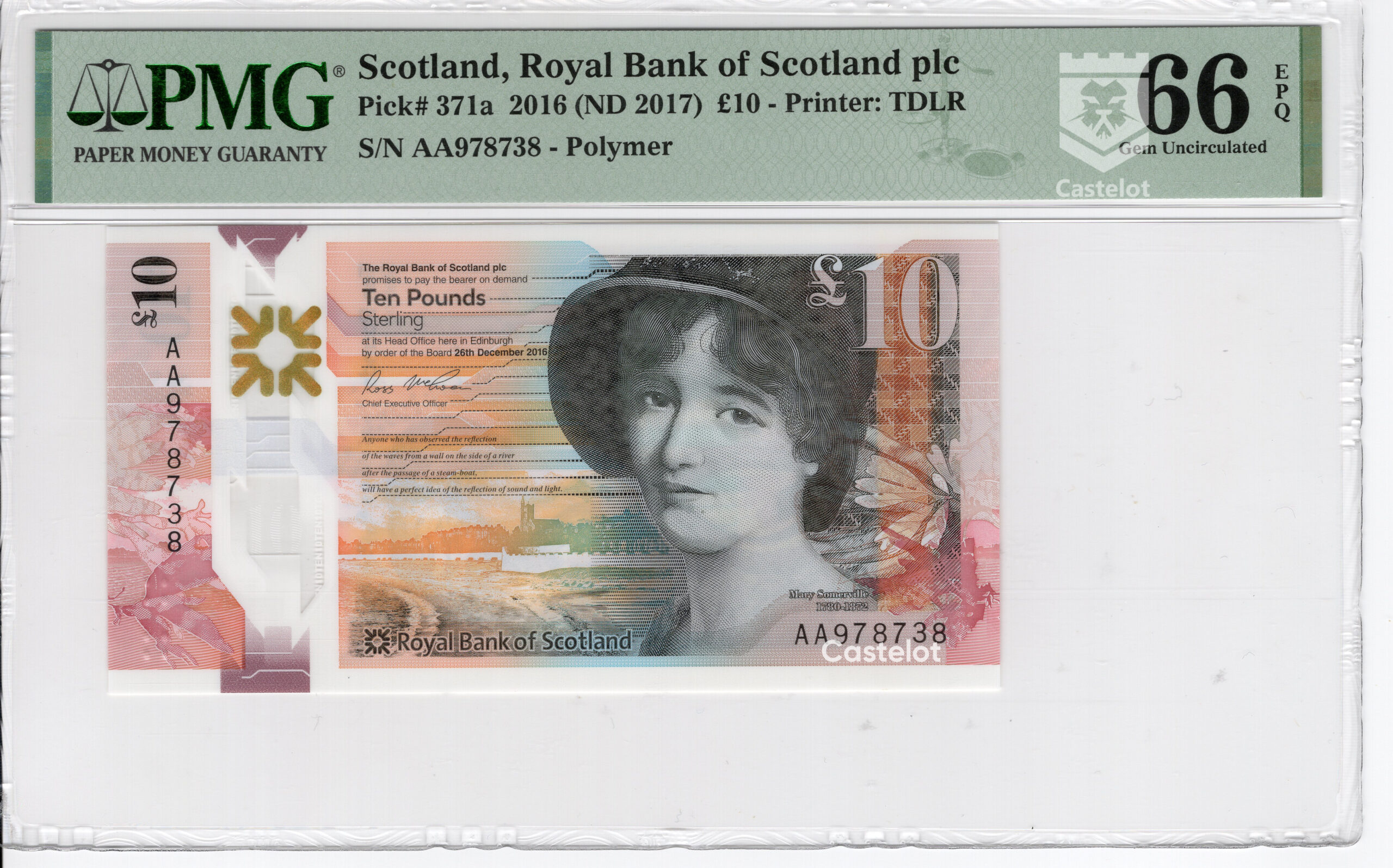 Escocia 2016 Billete 10 Libras PMG 66