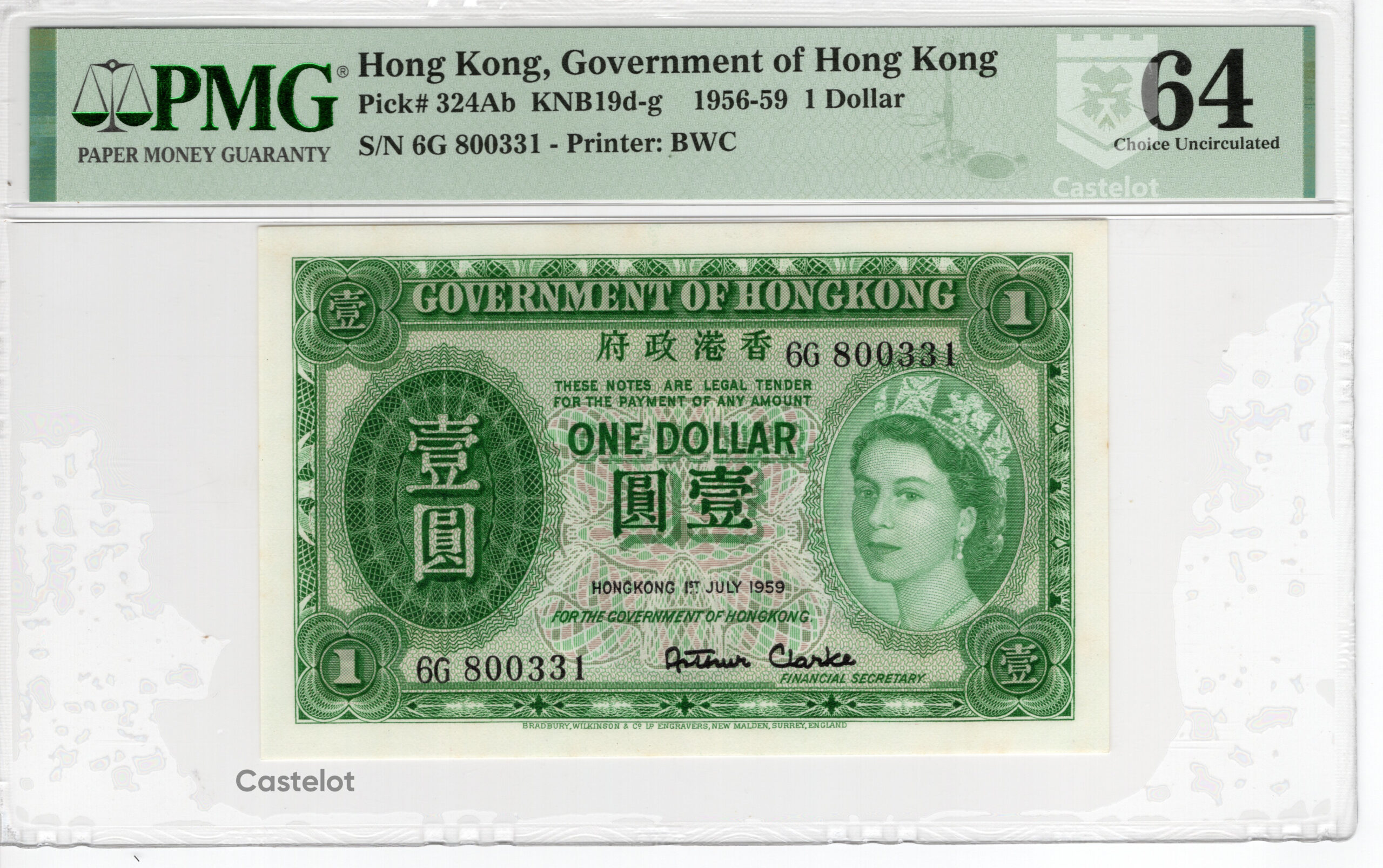 Hong Kong 1959 Billete 1 Dólar PMG 64