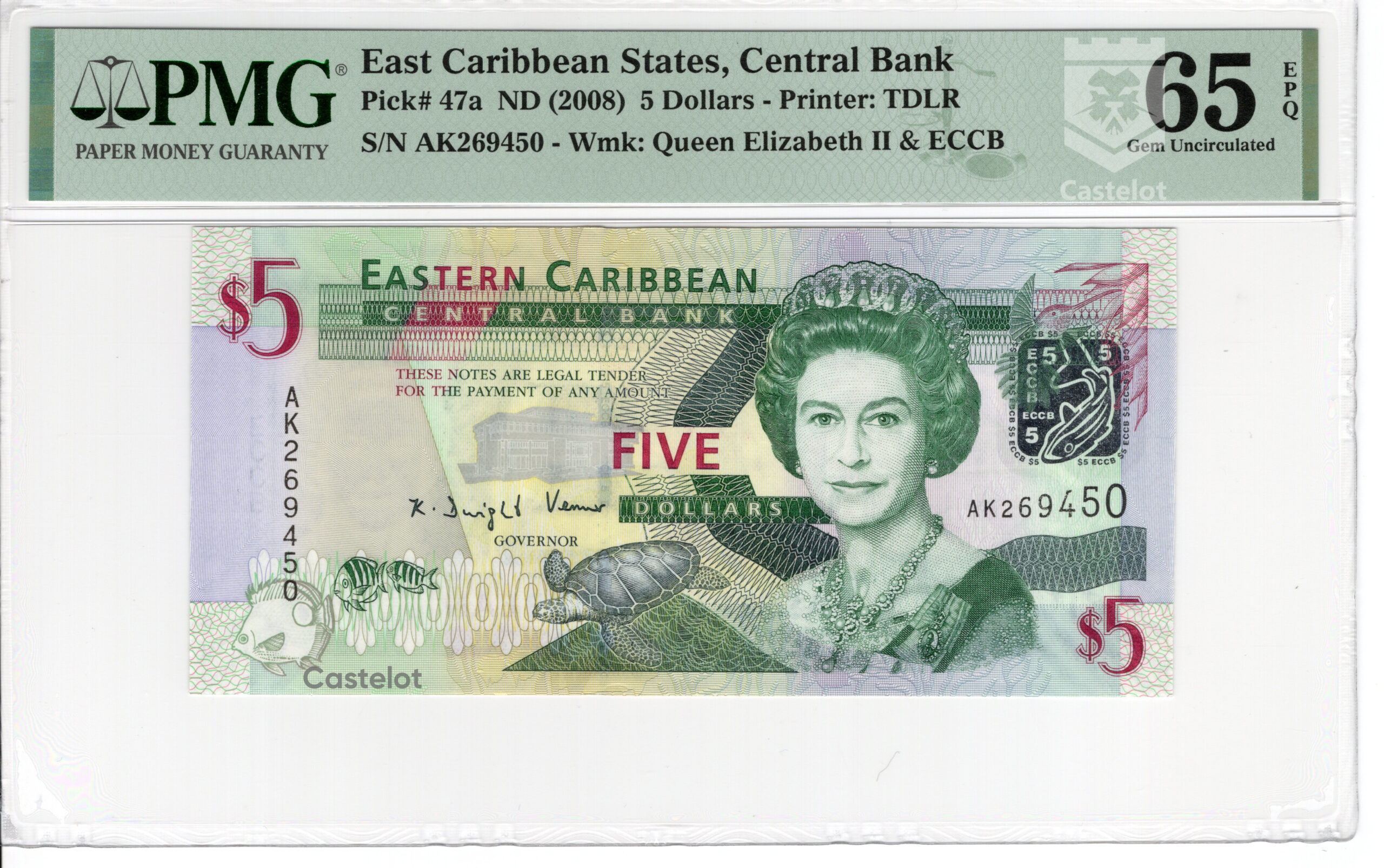 East Caribbean 2008 Billete 5 Dólares PMG 65