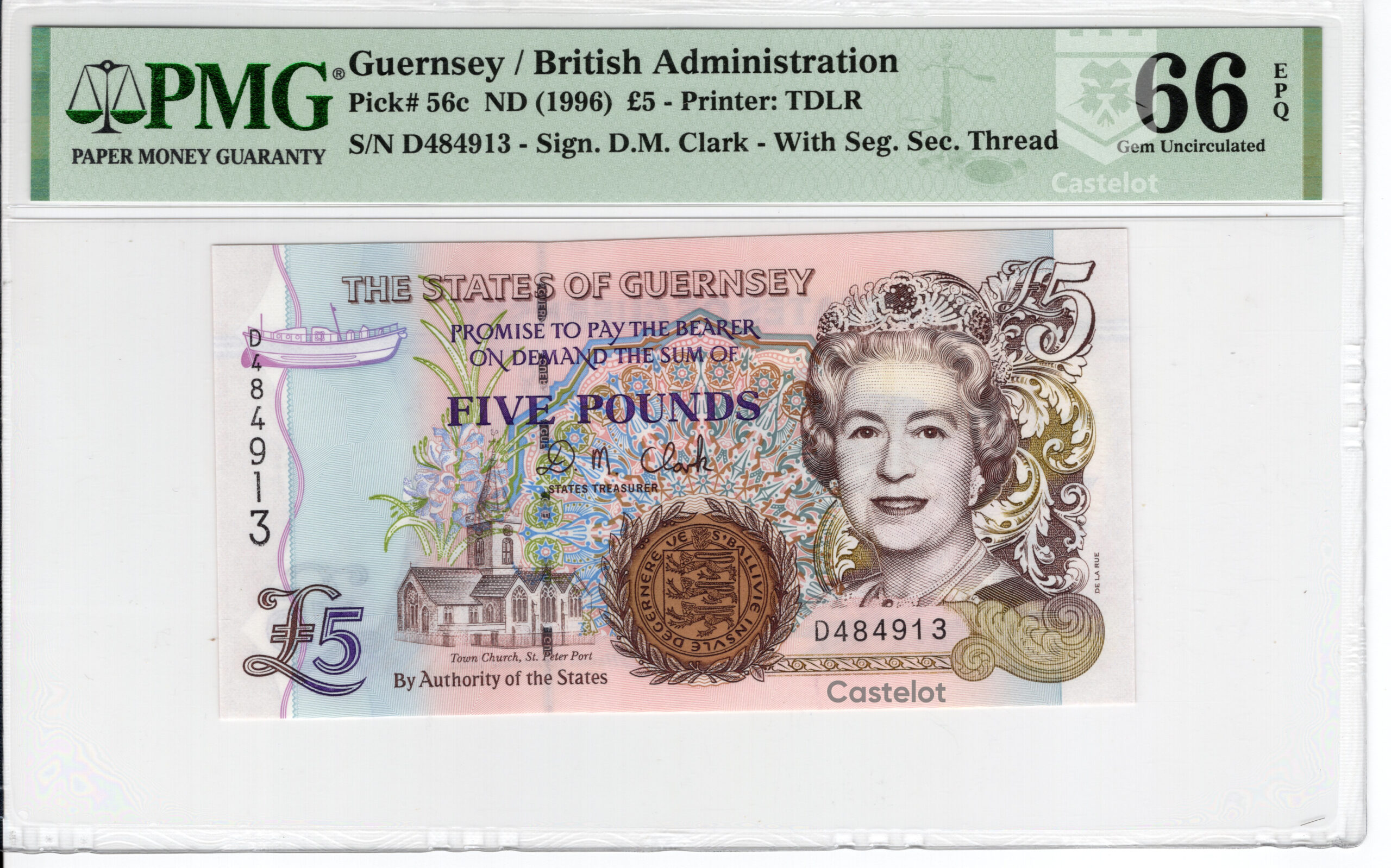 Guernsey 1996 Billete 5 Libras PMG 66