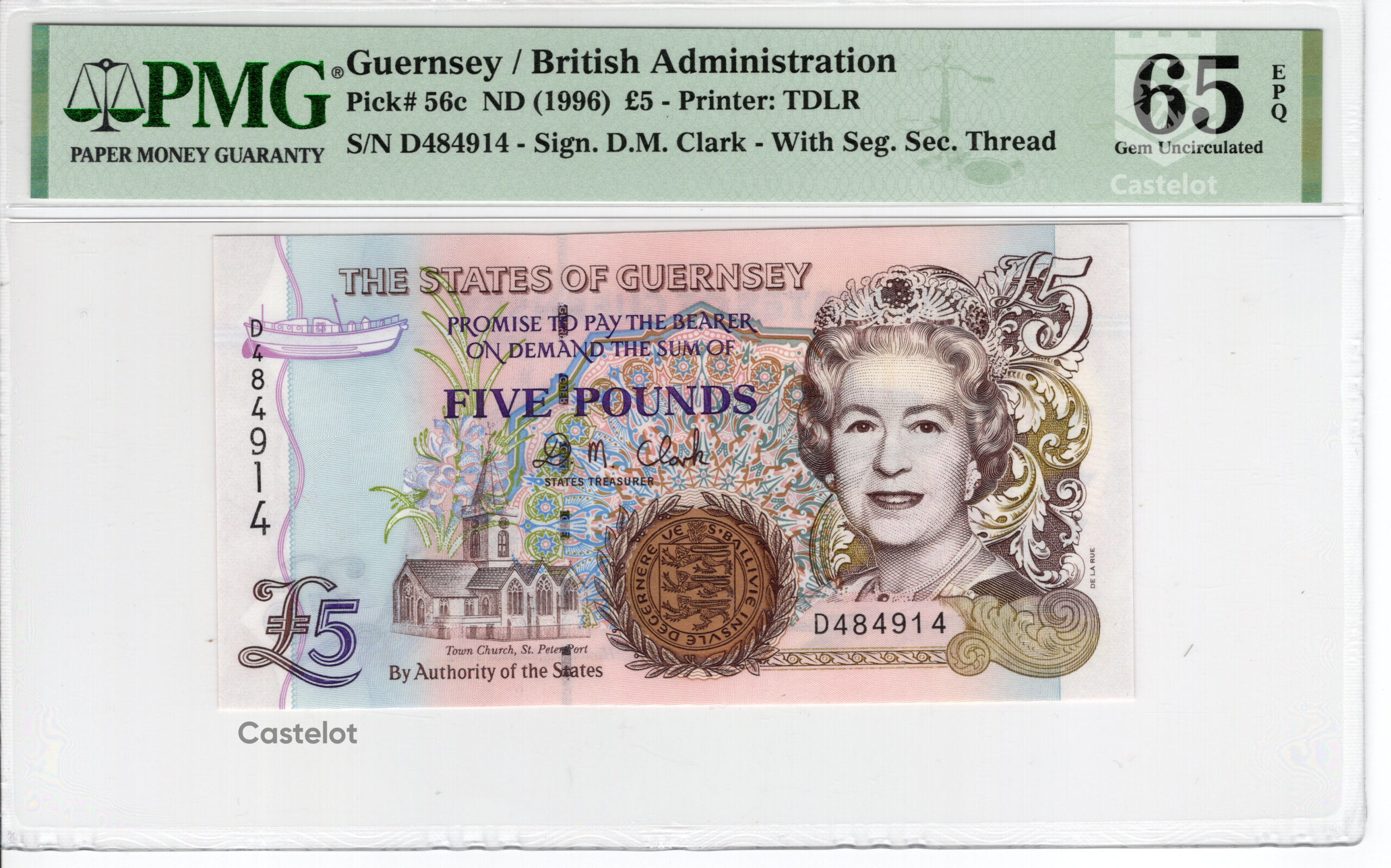 Guernsey 1996 Billete 5 Libras PMG 65