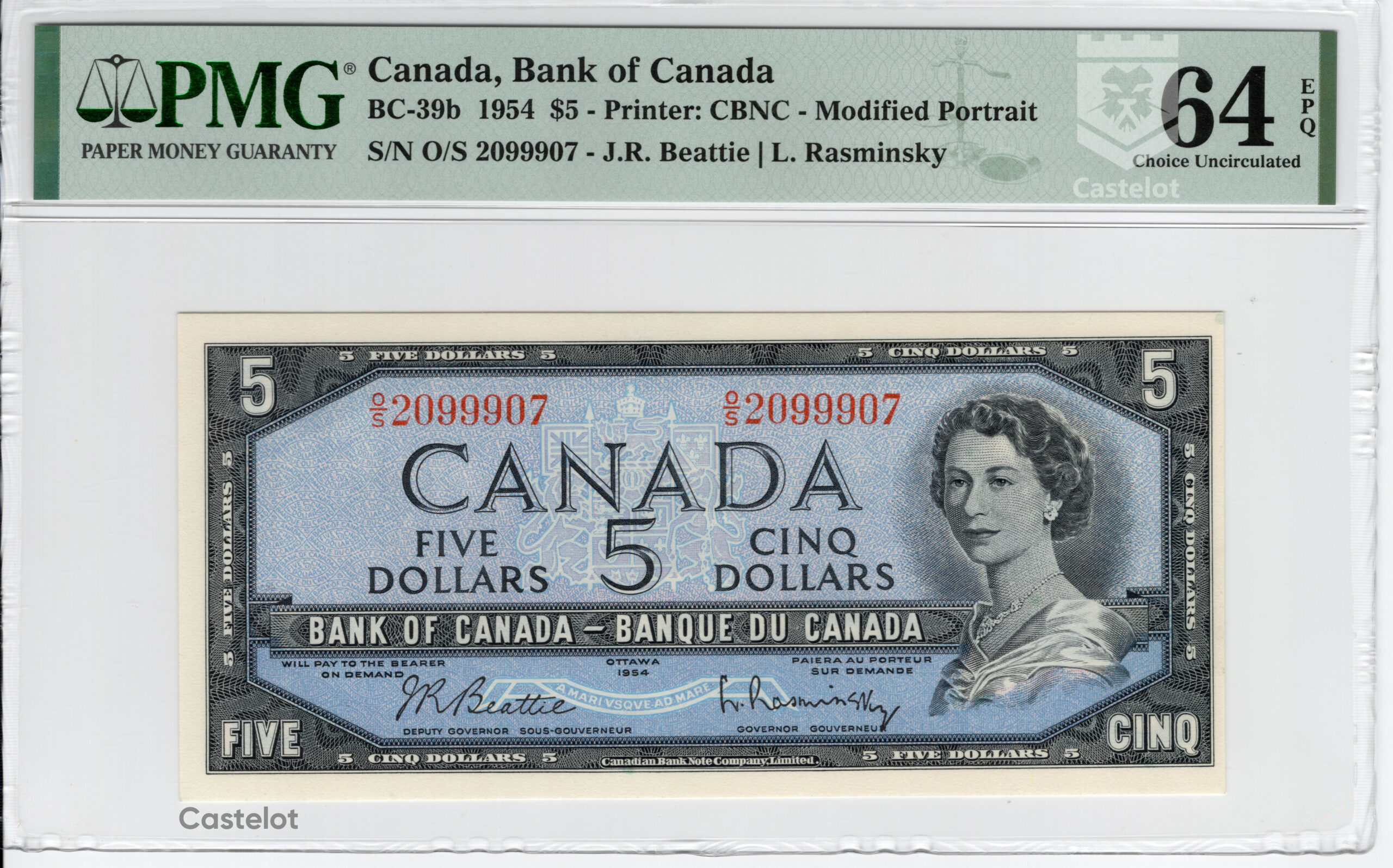 Canadá 1954 Billete 5 Dólares PMG 64