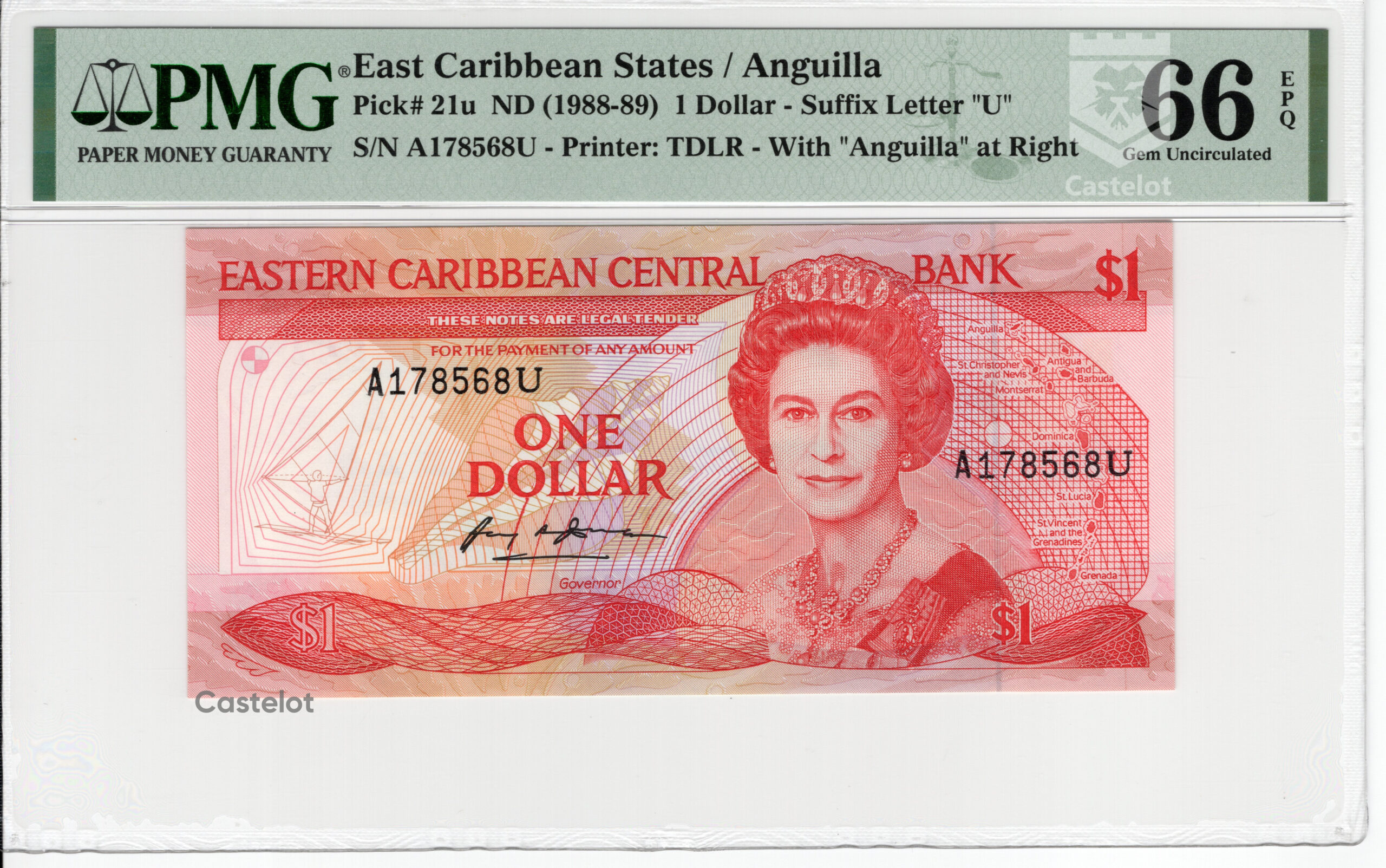 East Caribbean 1988 Billete 1 Dólar PMG 66