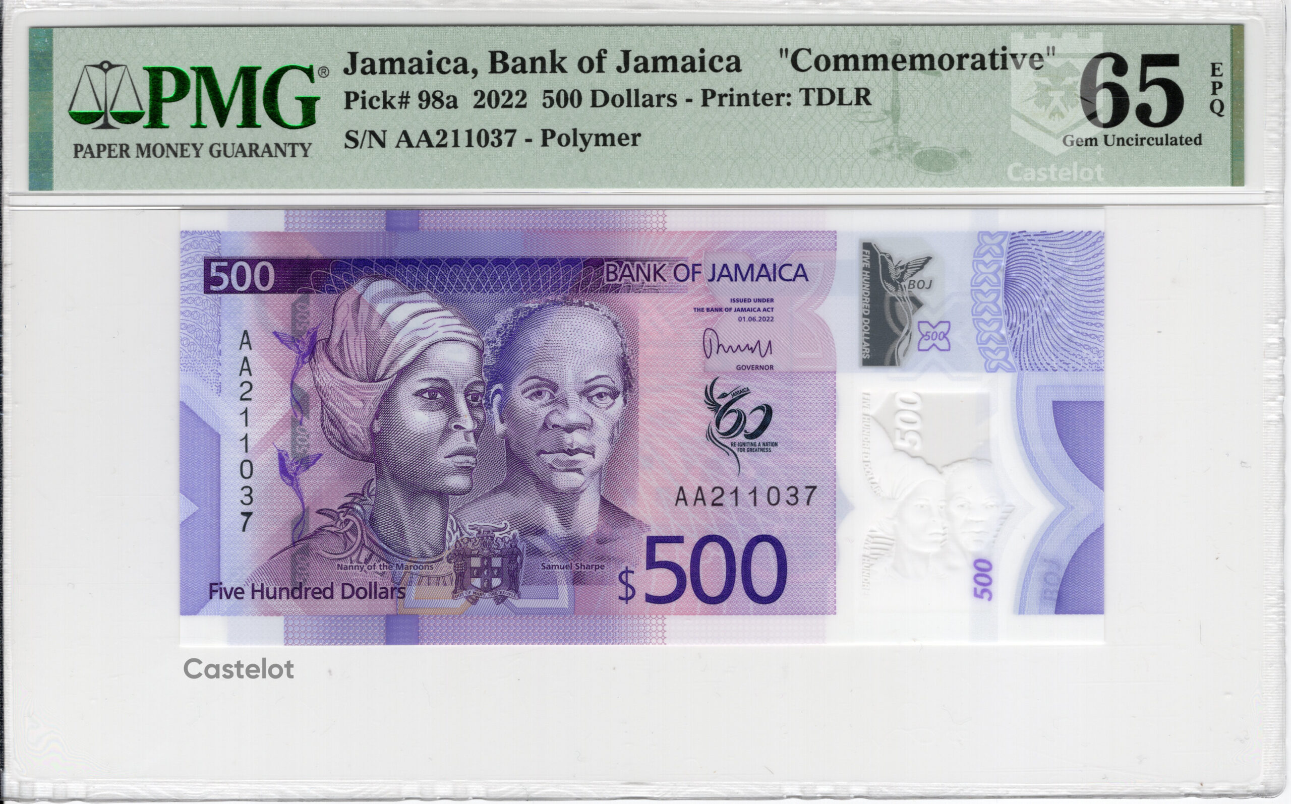 Jamaica 2022 Billete 500 Dólares PMG 65 Conmemorativo