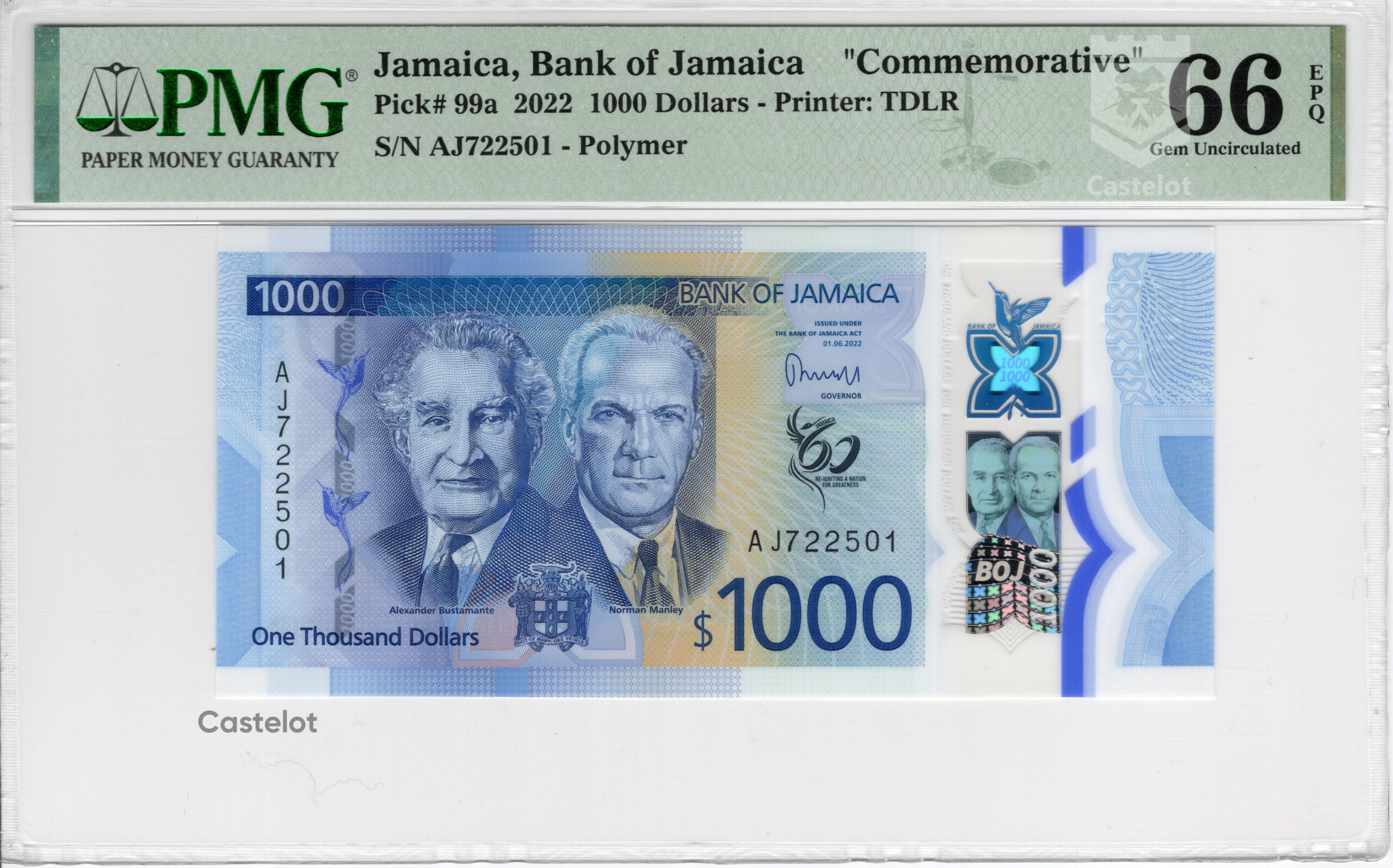 Jamaica 2022 Billete 1000 Dólares PMG 66 Conmemorativo