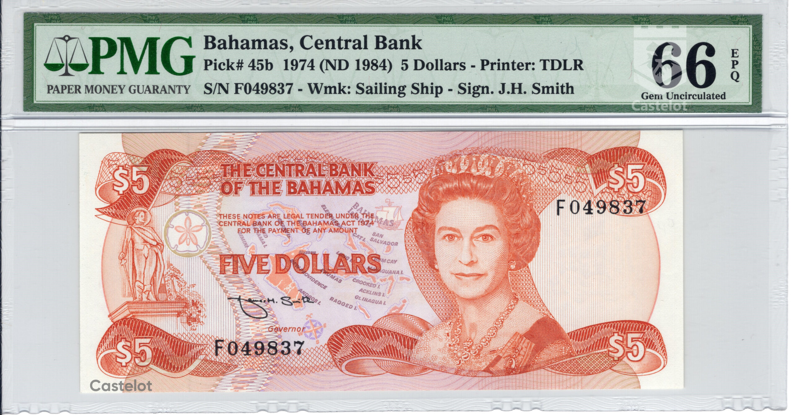 Bahamas 1984 Billete 5 Dólares PMG 66