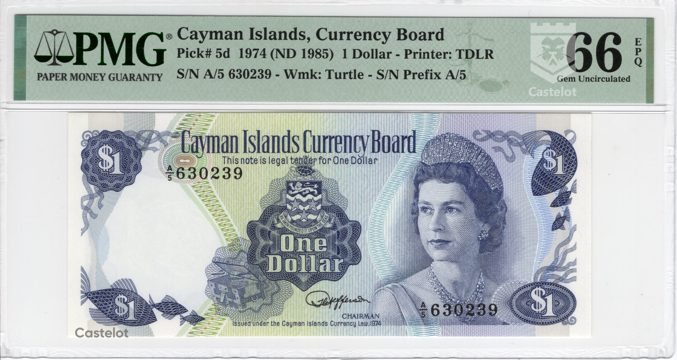 Islas Caimán 1985 Billete 1 Dólar PMG 66