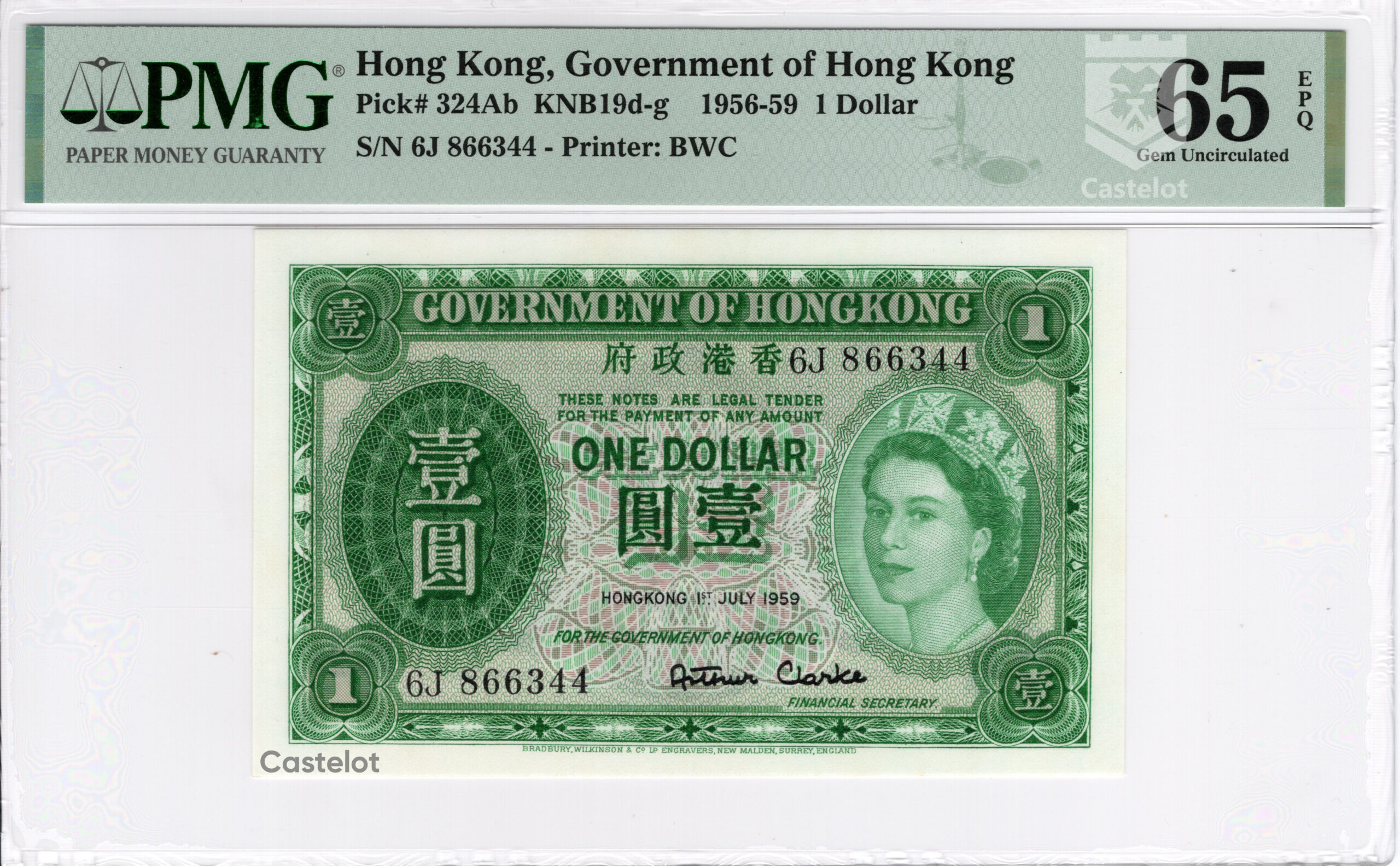 Hong Kong 1959 Billete 1 Dólar PMG 65