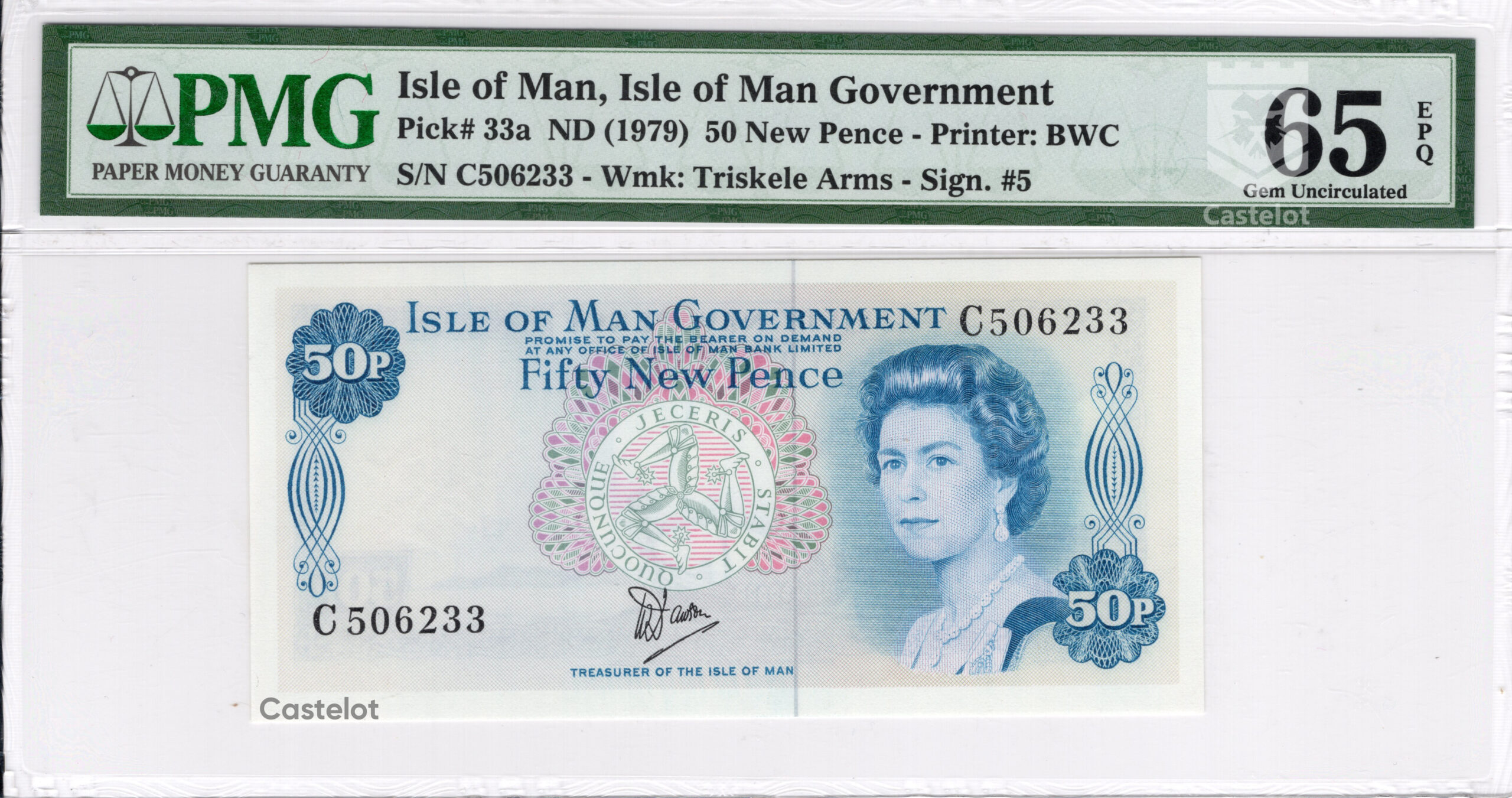 Isla Man 1979 Billete 50 New Pence PMG 65