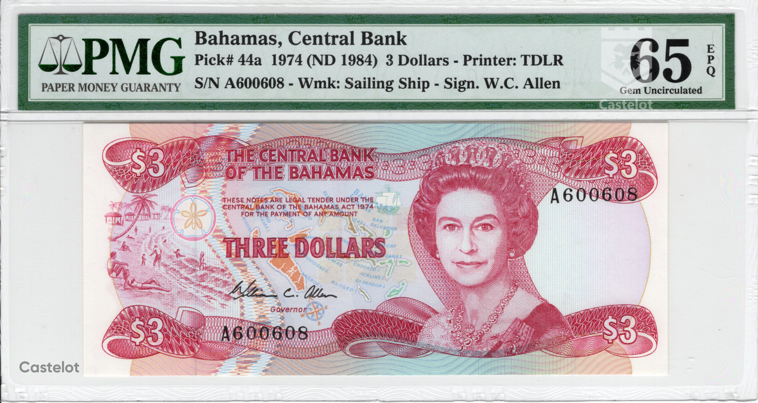 Bahamas 1984 Billete 3 Dólares PMG 65